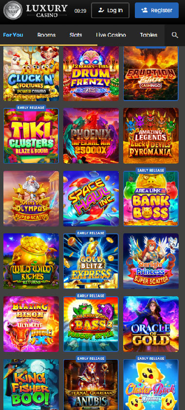Luxury Casino mobile homepage screenshot showing navigation menu, featured bingo rooms and promotions on smartphone interface   tested