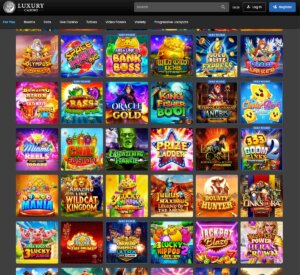 Luxury Casino desktop homepage screenshot showing main navigation menu, featured promotions and highlighted casino games - tested