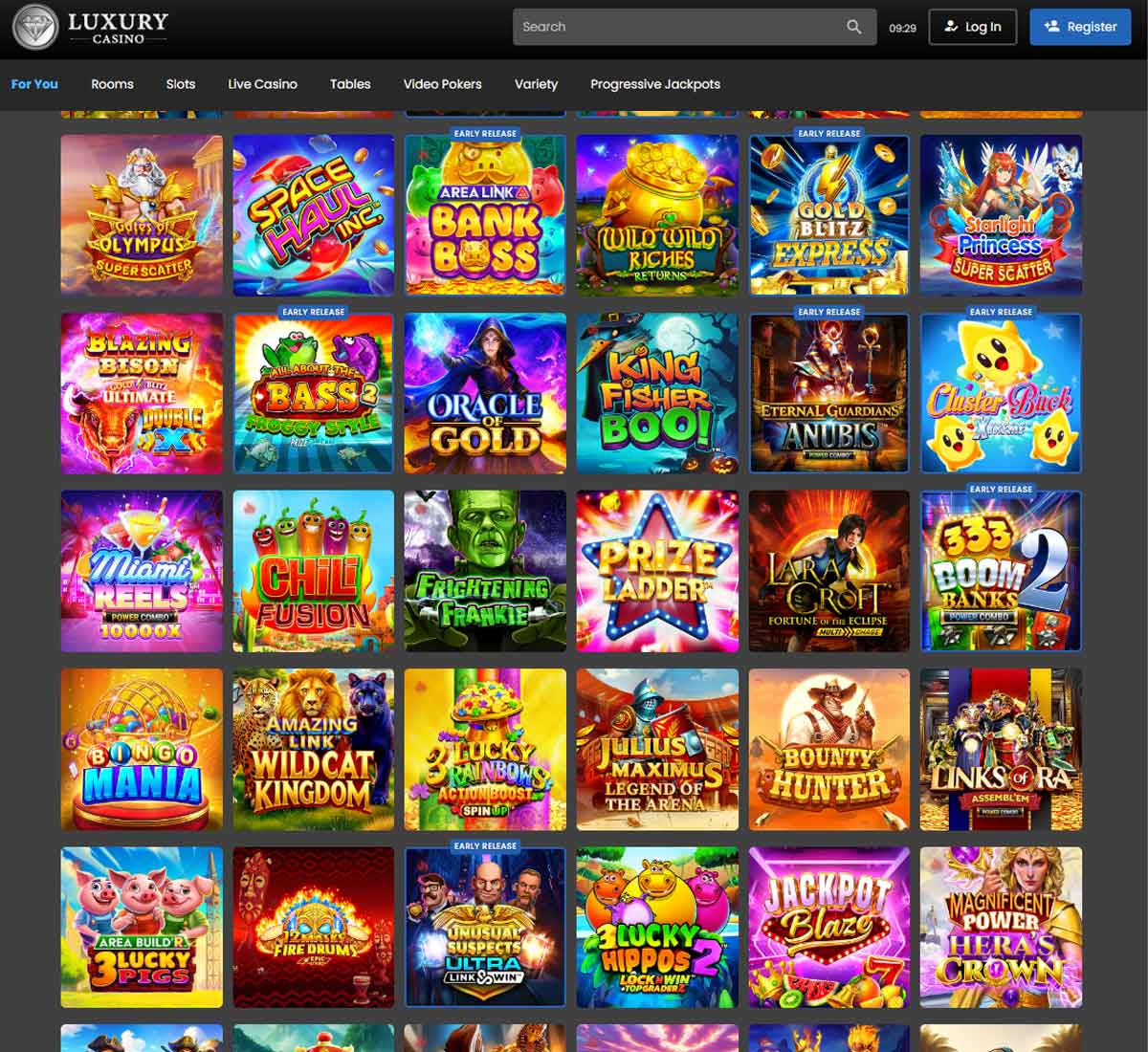 Luxury Casino desktop homepage screenshot showing main navigation menu, featured promotions and highlighted casino games   tested