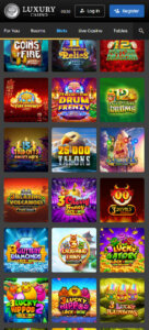Luxury Casino mobile slots screenshot showing slot game categories, featured titles and navigation on smartphone interface - tested
