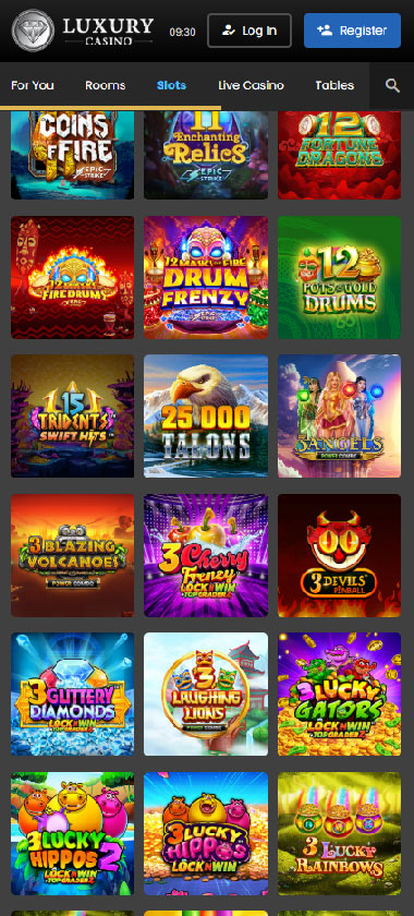 Luxury Casino mobile slots screenshot showing slot game categories, featured titles and navigation on smartphone interface   tested