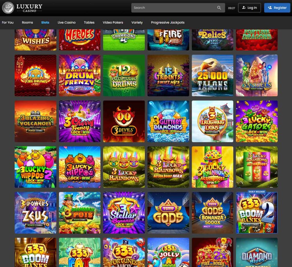 Luxury Casino desktop slots screenshot showing slot game categories, featured titles and filtering options - tested