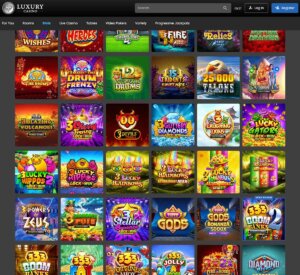 Luxury Casino desktop slots screenshot showing slot game categories, featured titles and filtering options - tested