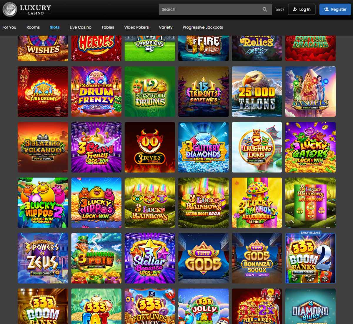 Luxury Casino desktop slots screenshot showing slot game categories, featured titles and filtering options   tested
