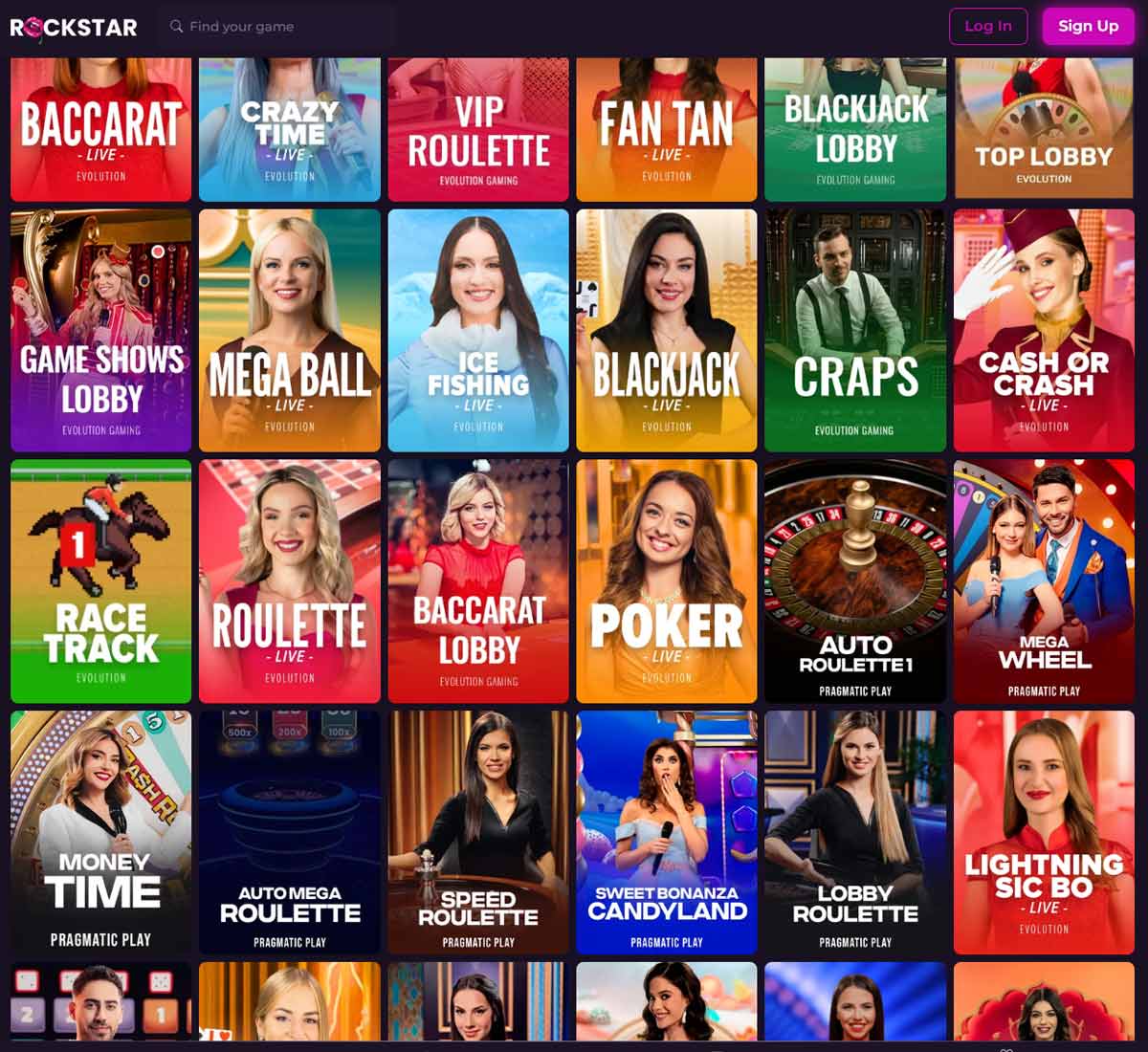 Rockstar Casino desktop live casino screenshot showing real dealer tables including roulette, blackjack and baccarat with lobby navigation   tested