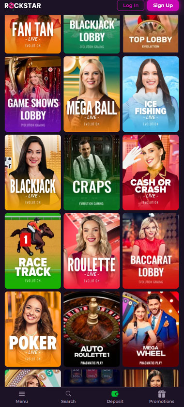 Rockstar Casino mobile live casino screenshot showing real dealer tables including roulette, blackjack and baccarat on smartphone interface   tested