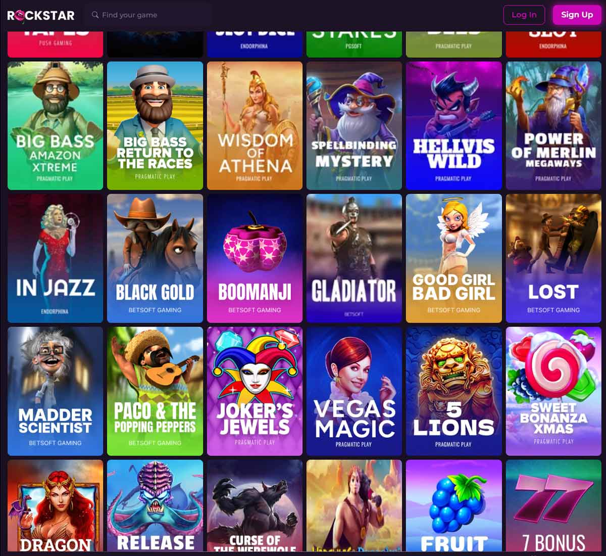 Rockstar Casino desktop slots screenshot showing slot game categories, featured titles and filtering options   tested