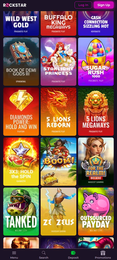 Rockstar Casino mobile slots screenshot showing slot game categories, featured titles and navigation on smartphone interface   tested
