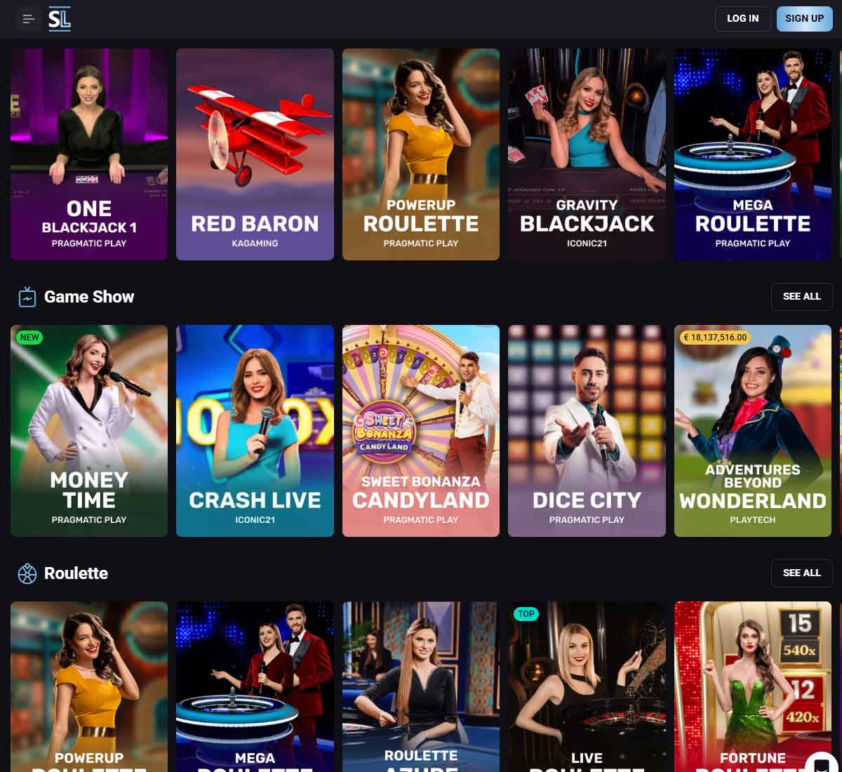 Slotlounge Casino desktop live casino screenshot showing real dealer tables including roulette, blackjack and baccarat with lobby navigation   tested