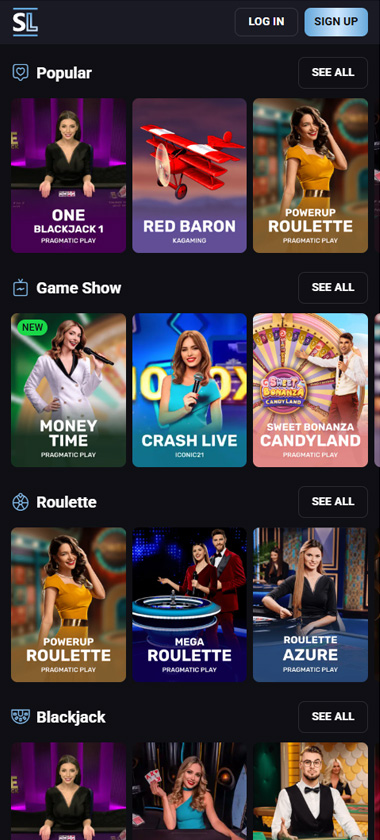 Slotlounge Casino mobile live casino screenshot showing real dealer tables including roulette, blackjack and baccarat on smartphone interface   tested