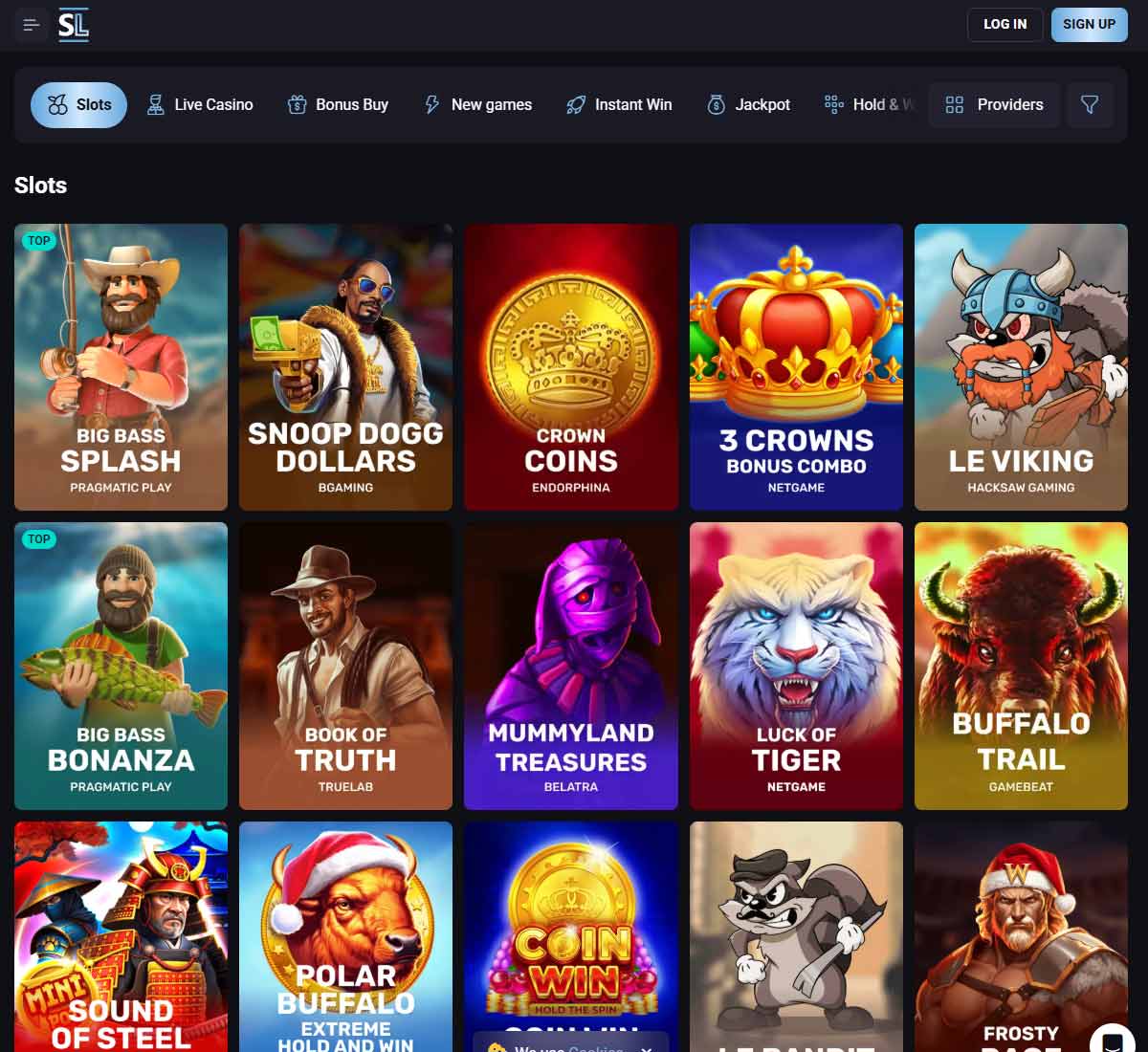 Slotlounge Casino desktop slots screenshot showing slot game categories, featured titles and filtering options   tested
