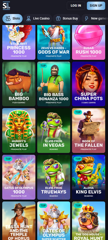 Slotlounge Casino mobile slots screenshot showing slot game categories, featured titles and navigation on smartphone interface   tested