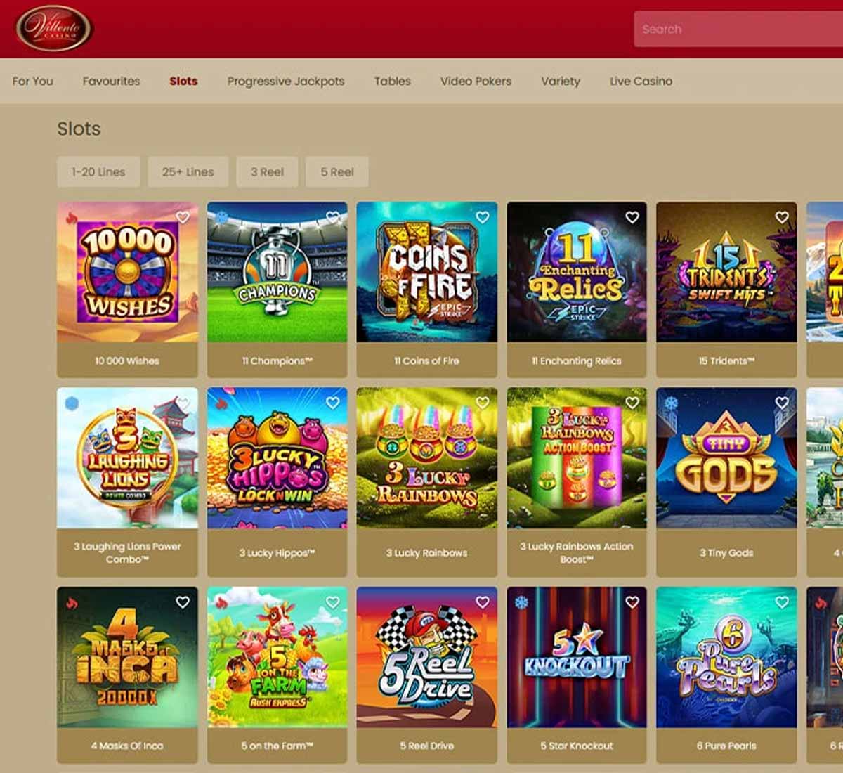 Villento Casino desktop slots screenshot showing slot game categories, featured titles and filtering options   tested
