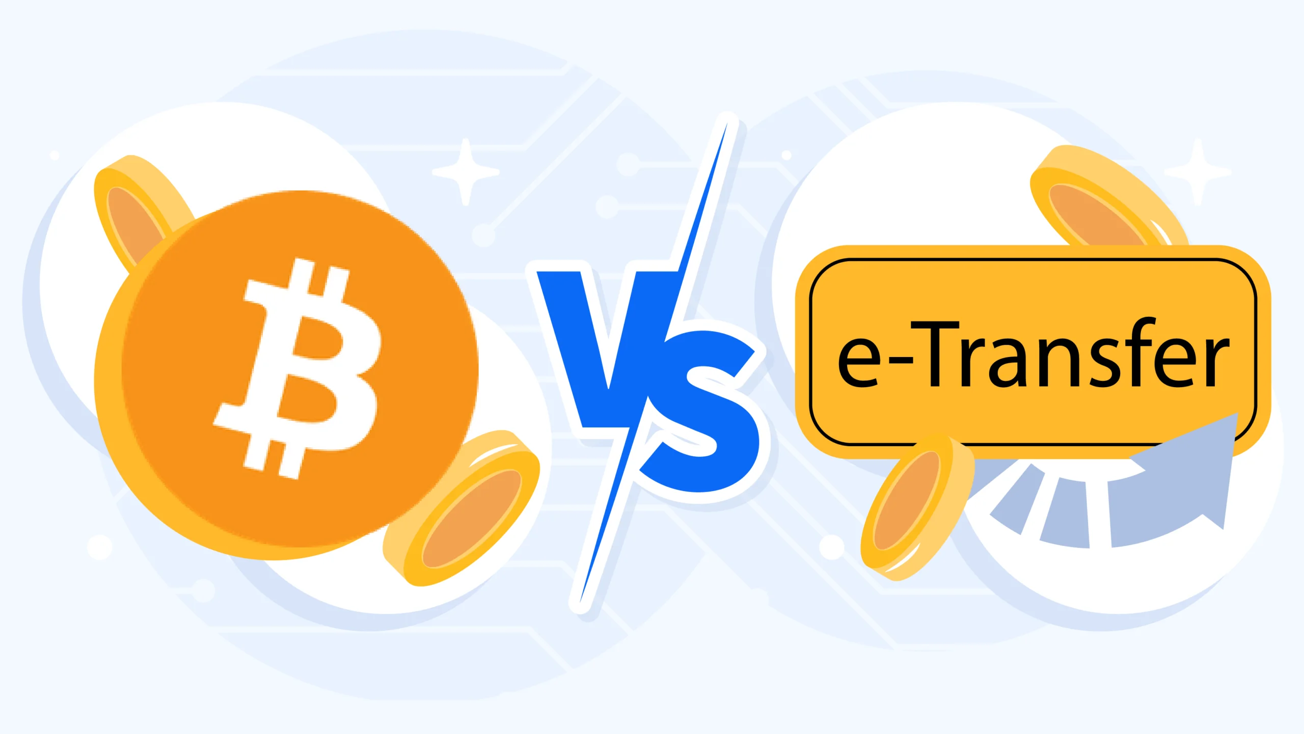 Bitcoin versus Interac e-Transfer comparison for Canadian casino players across 8 factors showing Bitcoin wins for withdrawal speed at 0-2 hours, privacy, and unlimited limits while e-Transfer wins for instant deposits, lower fees, CAD stability, no setup required, and 70-80% casino acceptance