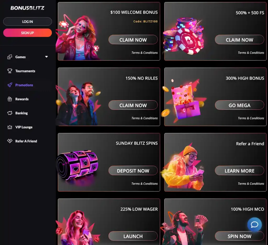 BonusBlitz Casino desktop promotions screenshot showing promotional banners, bonus offers and promo details in the casino lobby - tested