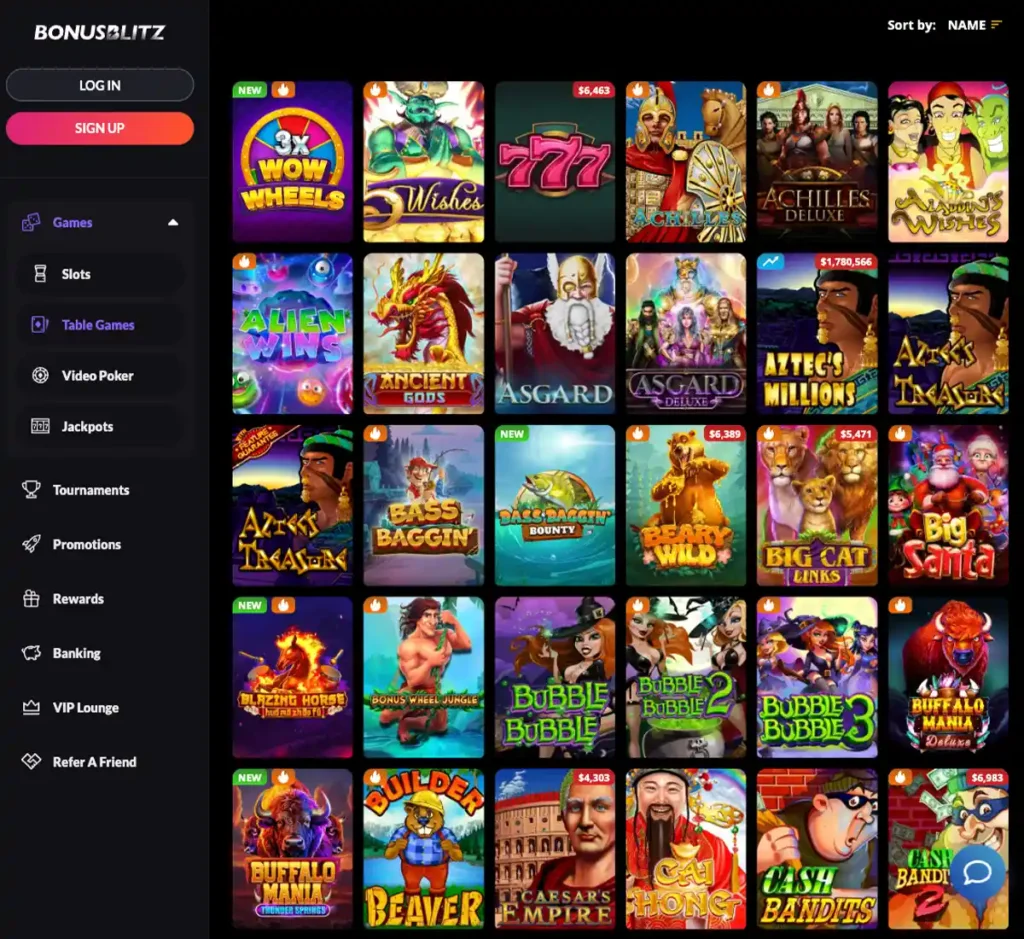 BonusBlitz Casino desktop slots screenshot showing slot categories, featured titles and game providers in the casino lobby - tested