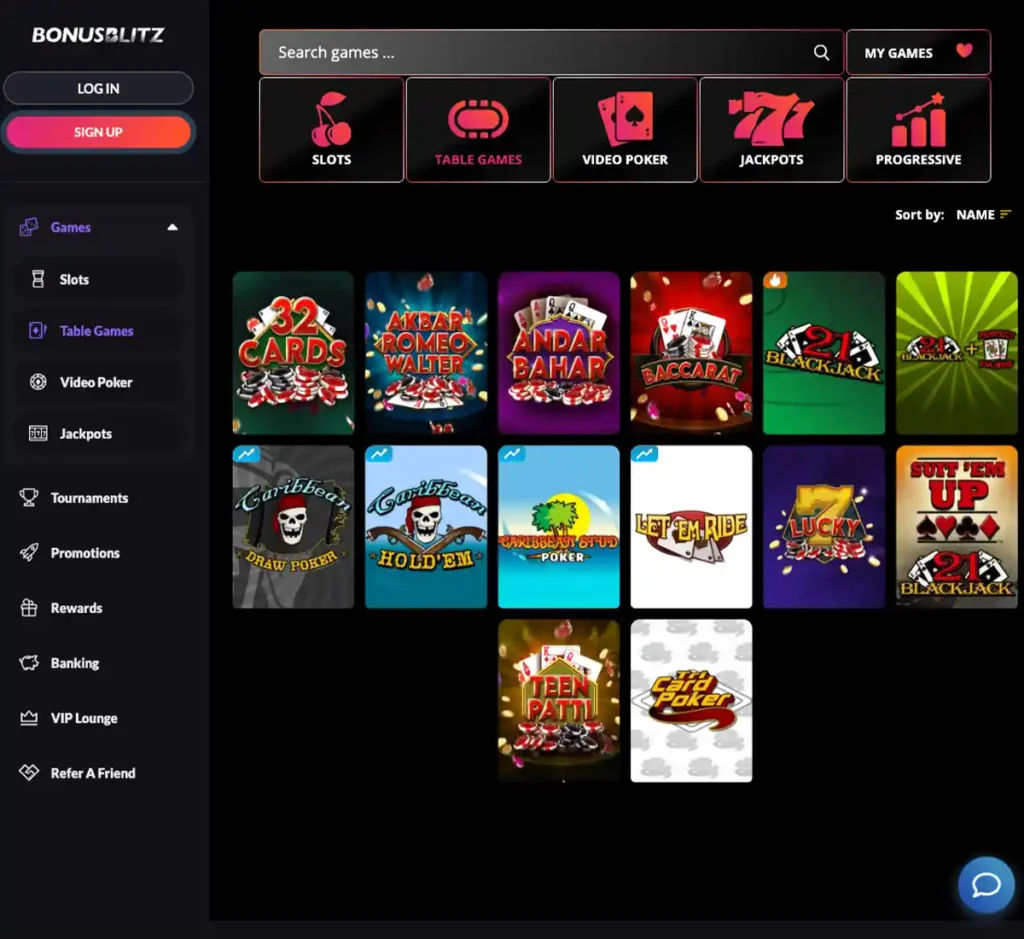 BonusBlitz Casino desktop table games screenshot displaying blackjack, roulette and baccarat tables with filters and lobby navigation - tested