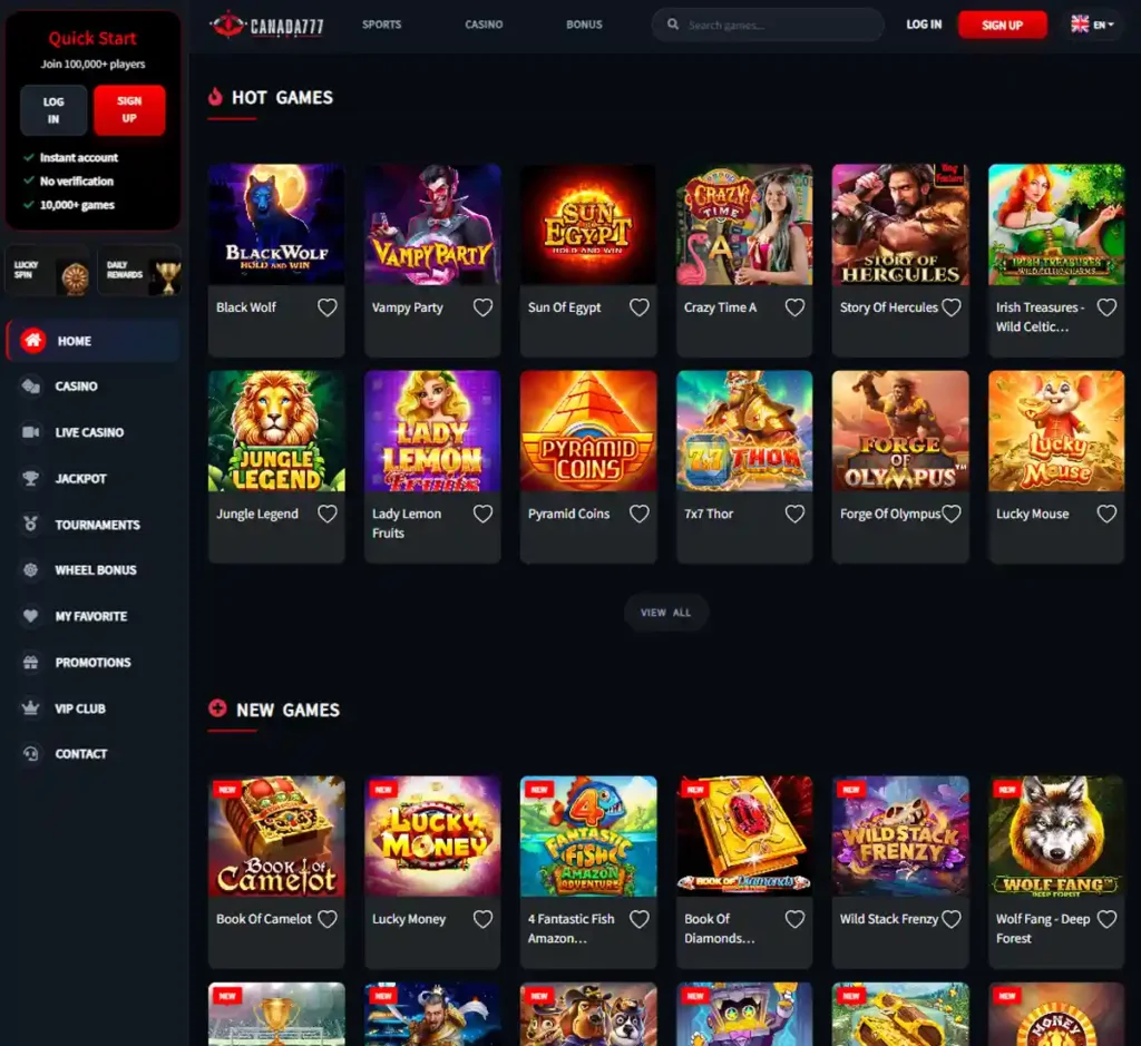 Canada777 Casino desktop homepage screenshot showing main navigation, featured games and promotional banners - tested