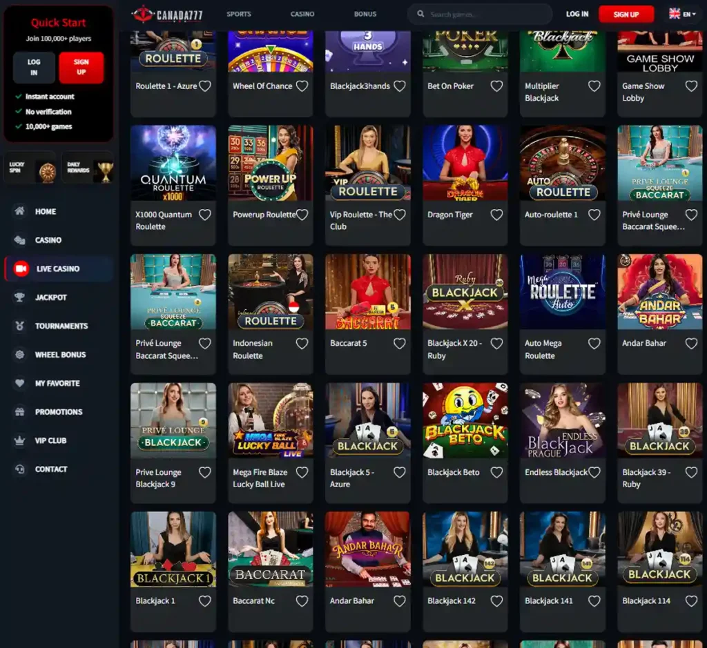 Canada777 Casino desktop live dealer games collection screenshot showing roulette, blackjack and baccarat tables in lobby view with categories and provider filters - tested