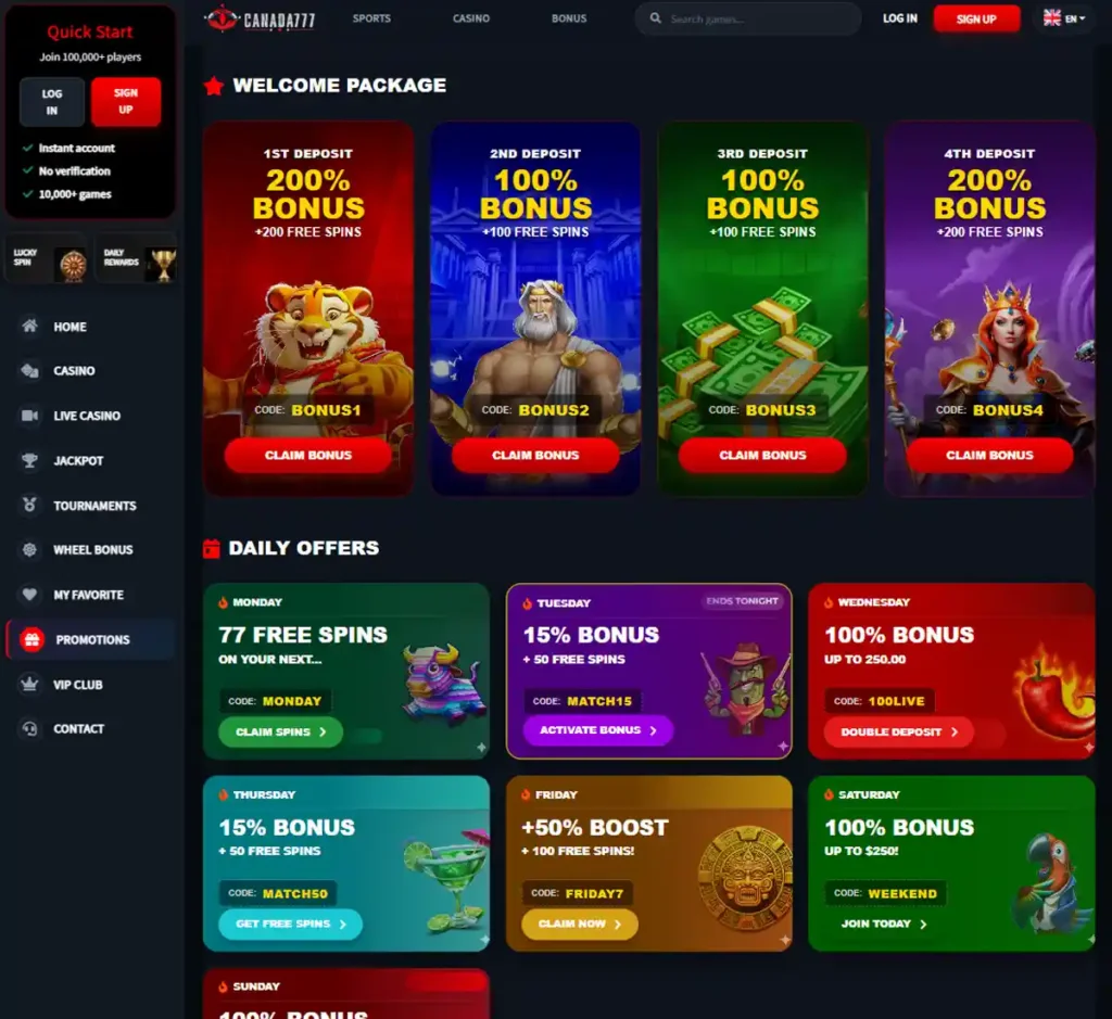 Canada777 Casino desktop promotions screenshot showing promotional banners, bonus offers and claim instructions with categories and filter options - tested