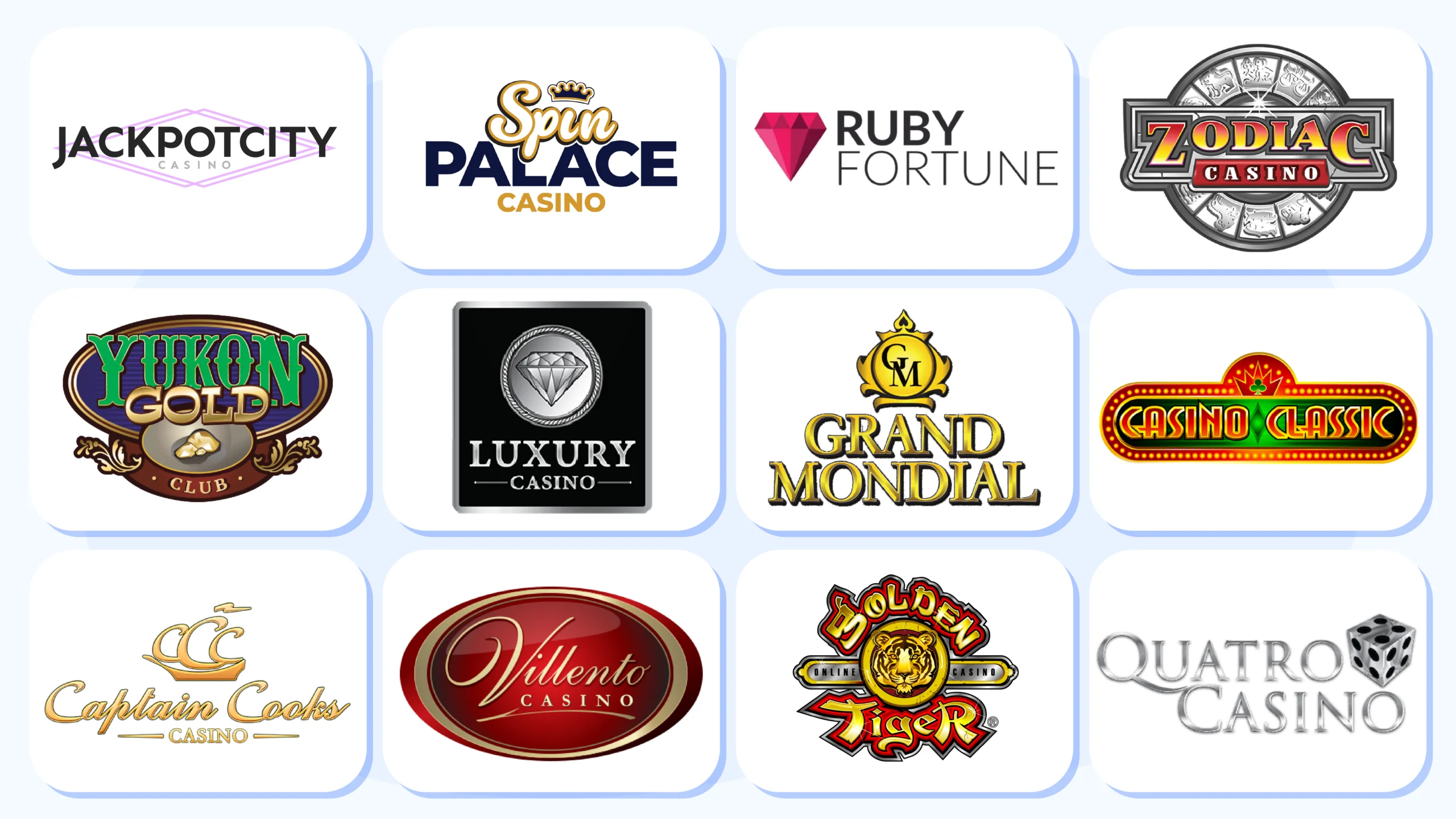 Comparison table showing all 12 Casino Rewards casinos with free spins offers for Canadian players including Zodiac Casino, Yukon Gold, and Captain Cooks with deposit amounts and spin quantities