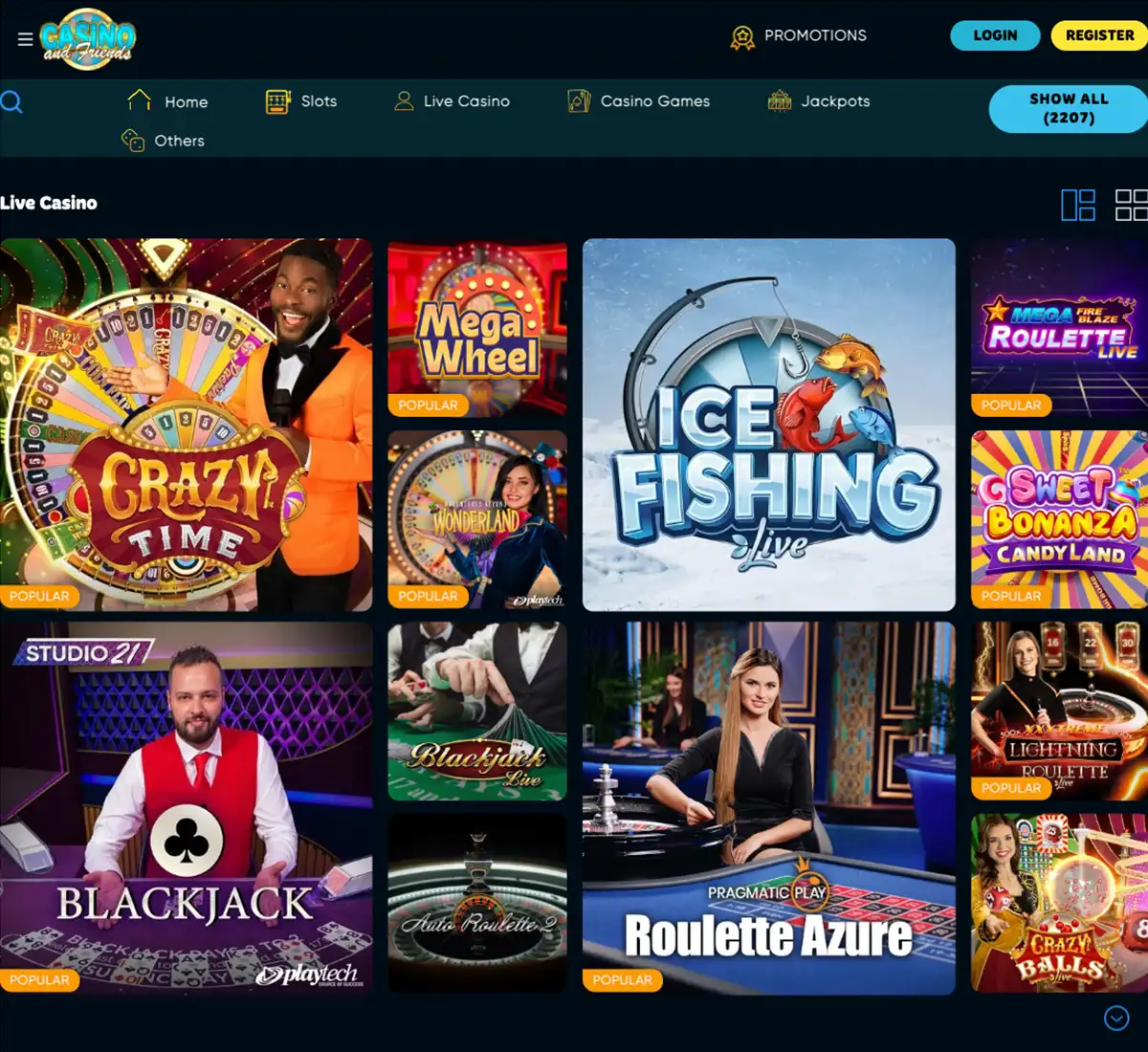 Casinoandfriends desktop live dealer games collection screenshot showing roulette, blackjack and baccarat tables in lobby view with categories and provider filters   tested