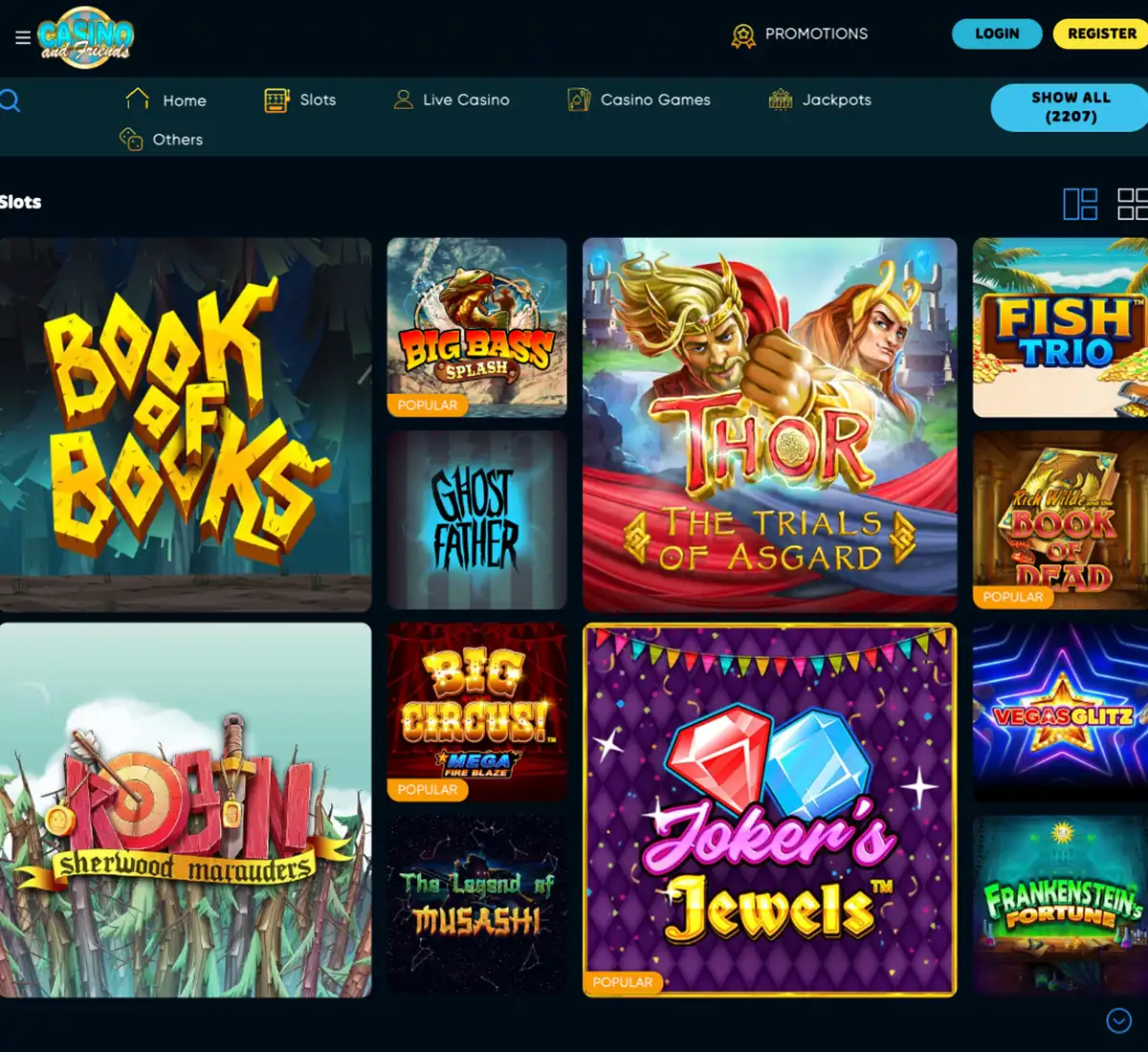Casinoandfriends desktop slot screenshot showing multiple slot categories, featured games and provider filters   tested