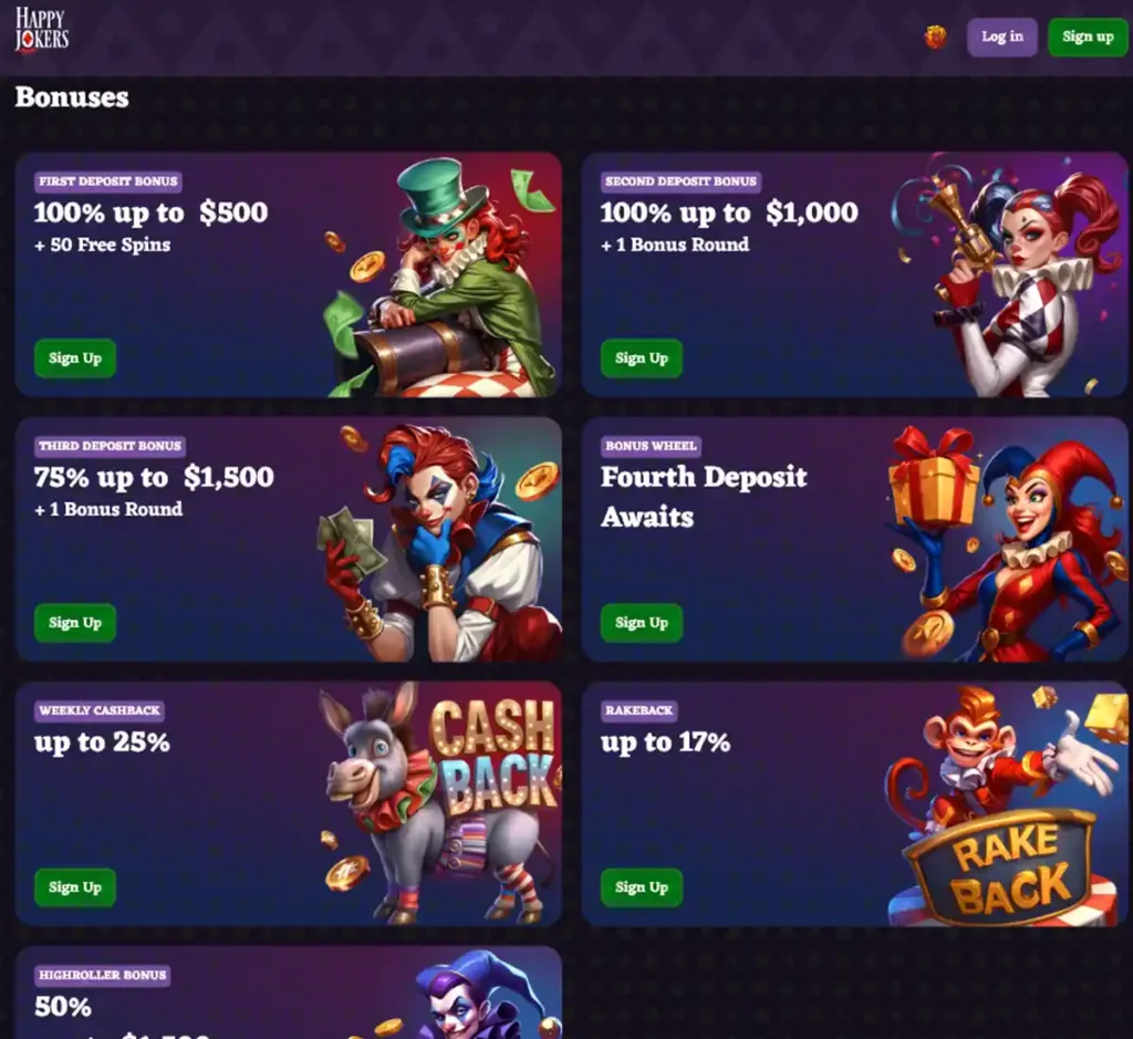 HappyJokers Casino desktop bonuses screenshot showing promotional banners, bonus offers and claim instructions with categories and filter options - tested