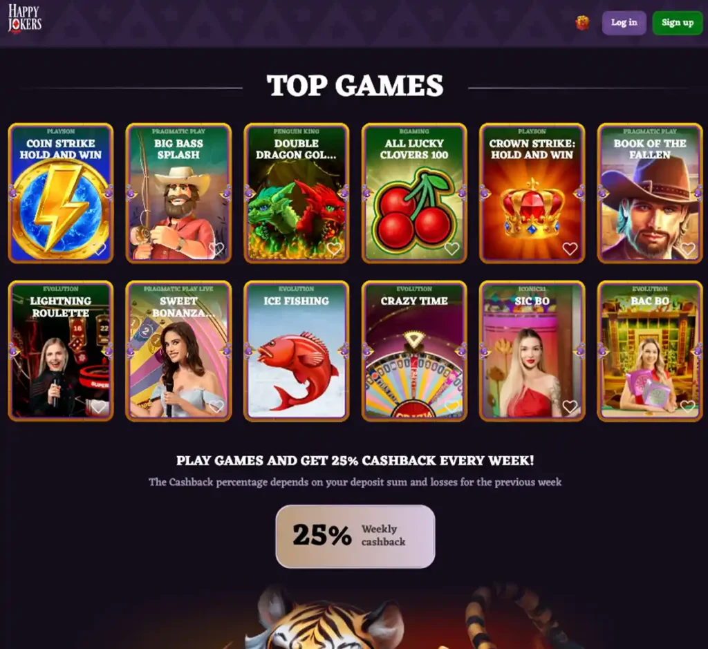 HappyJokers Casino desktop homepage screenshot showing main navigation, featured games and promotional banners - tested