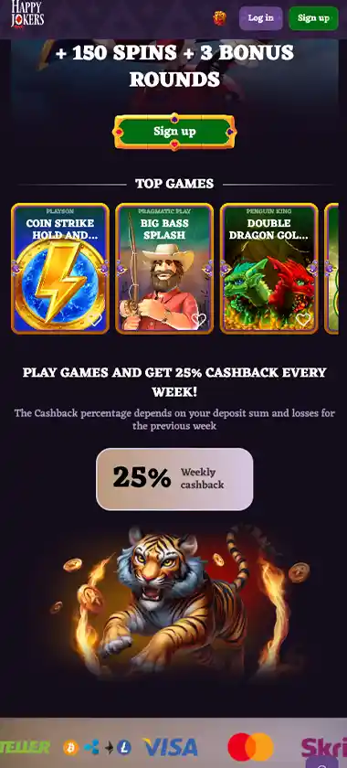 HappyJokers Casino mobile homepage screenshot displaying main navigation, featured games and mobile-friendly interface/navigation - tested
