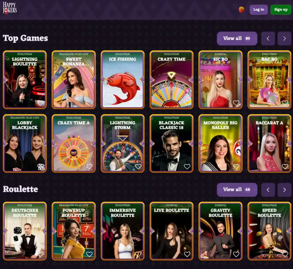 HappyJokers Casino desktop live dealer games collection screenshot showing roulette, blackjack and baccarat tables in lobby view with categories and provider filters - tested