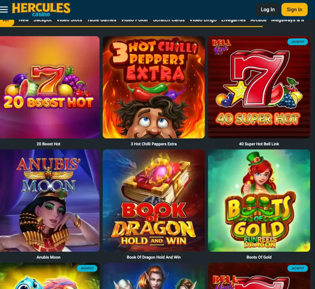 Hercules Casino desktop homepage screenshot showing main navigation, featured games and promotional banners - tested
