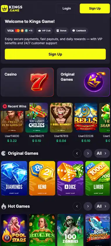 KingsGame Casino mobile home page screenshot showing main navigation, featured games and promotional banners – tested