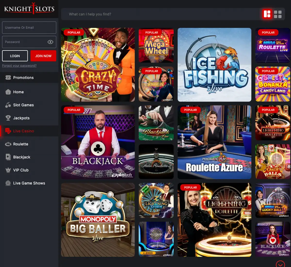 Knightslots Casino desktop live dealer games collection screenshot showing roulette, blackjack and baccarat tables in lobby view with categories and provider filters   tested