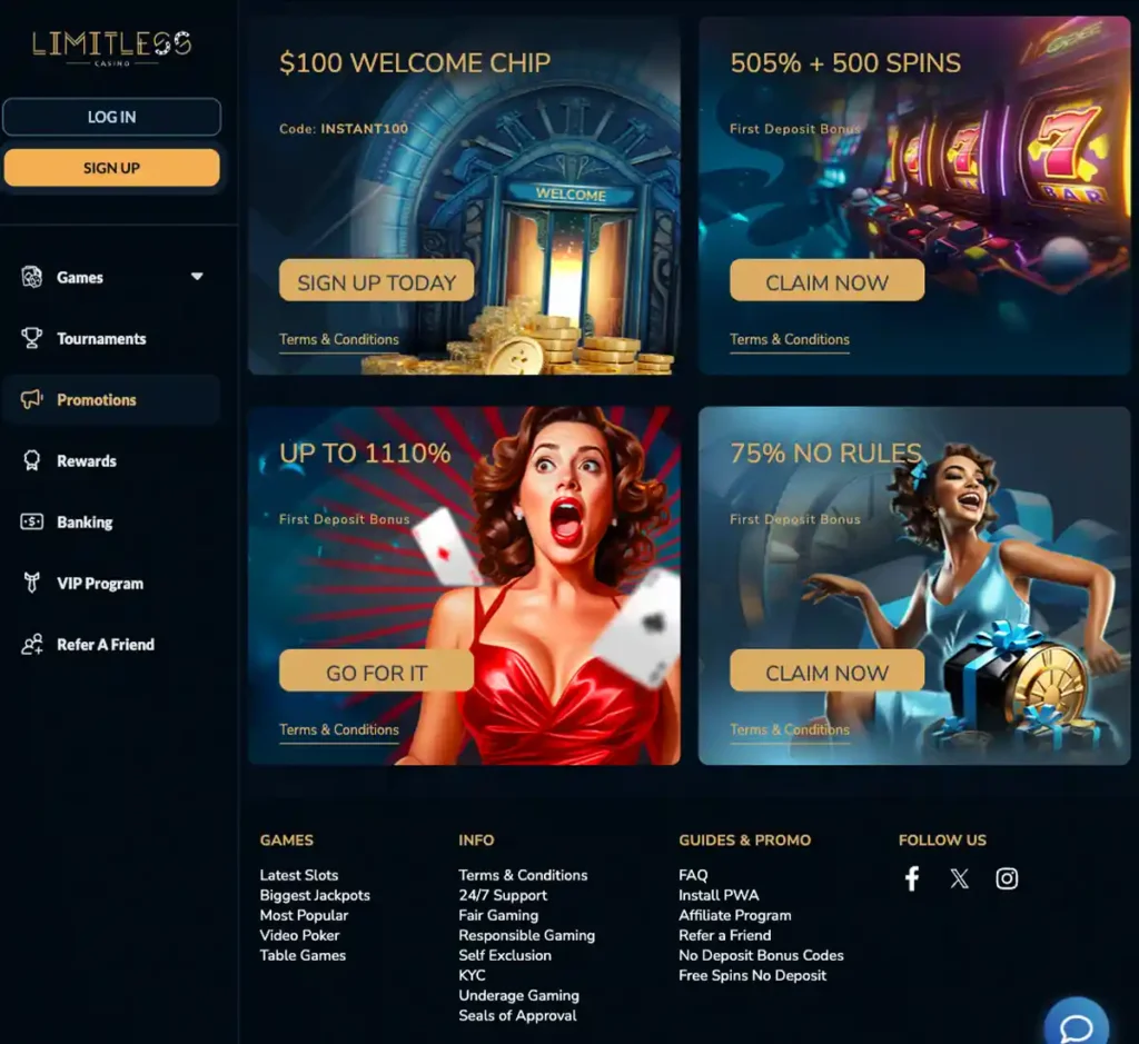 Limitless Casino desktop promotions screenshot showing promotional banners, bonus offers and promo details in the casino lobby - tested