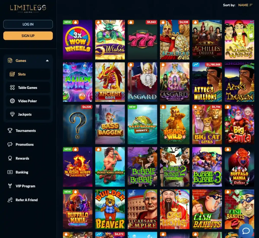 Limitless Casino desktop slots screenshot showing slot categories, featured titles and game providers in the casino lobby - tested