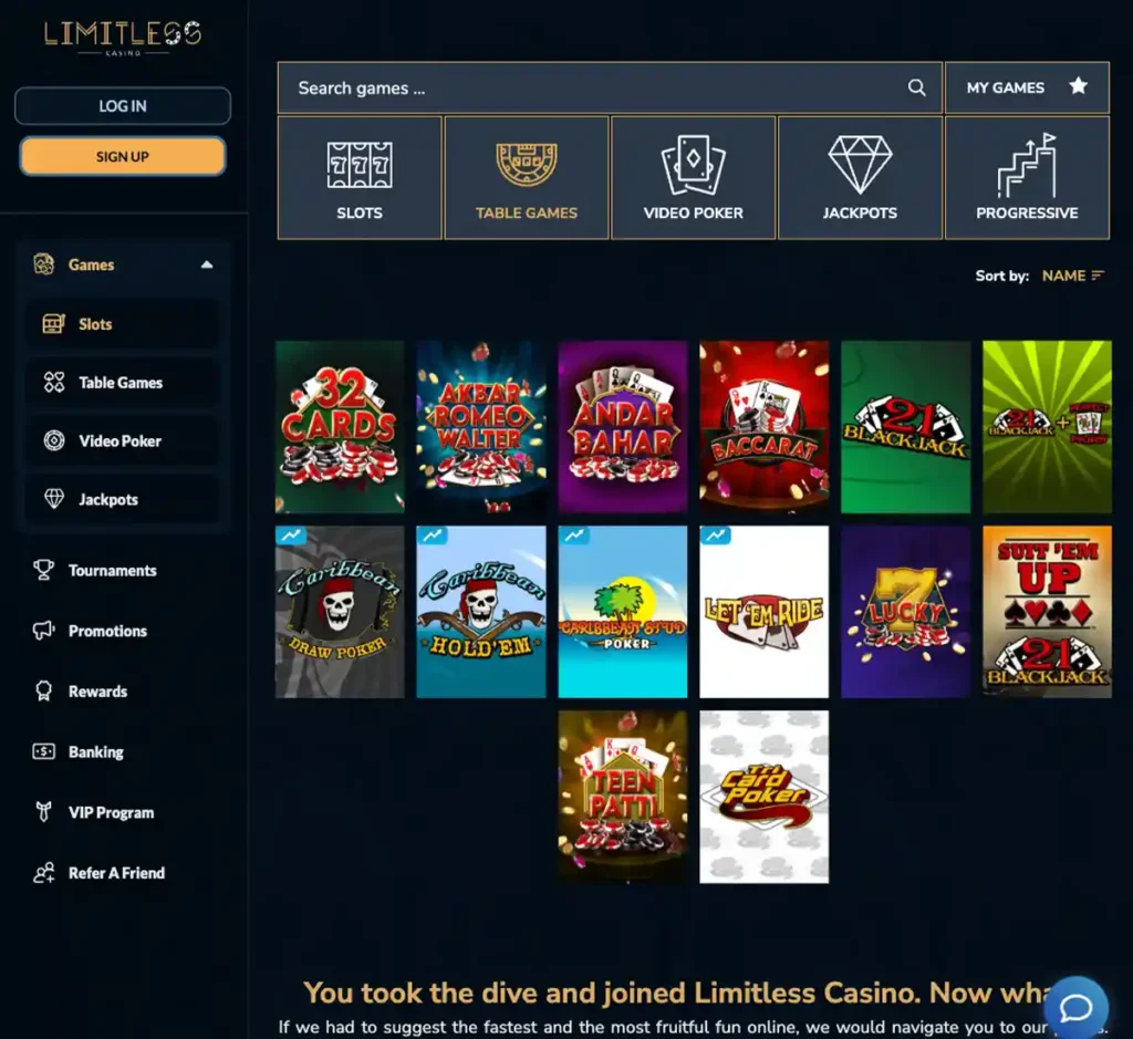 Limitless Casino desktop table games screenshot displaying blackjack, roulette and baccarat tables with filters and lobby navigation - tested