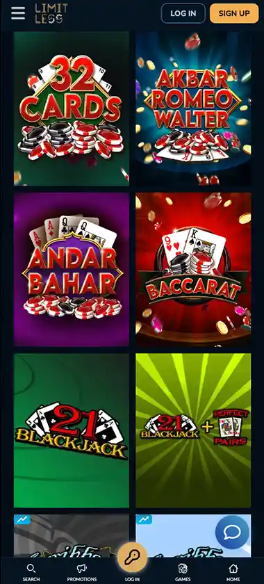 Limitless Casino mobile table games screenshot showing blackjack, roulette and baccarat thumbnails, betting interface and and mobile lobby navigation - tested