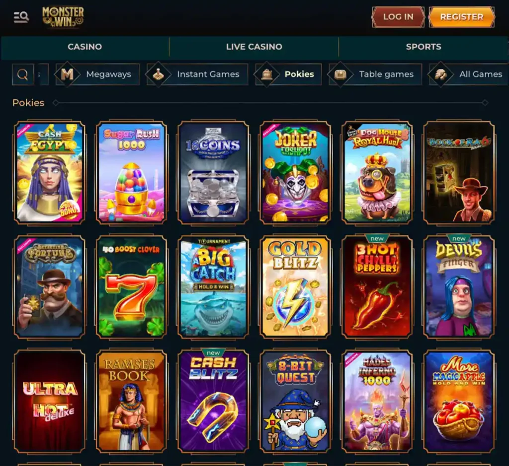 Monsterwin Casino desktop slots variety screenshot showing multiple slot categories, featured games and provider filters - tested