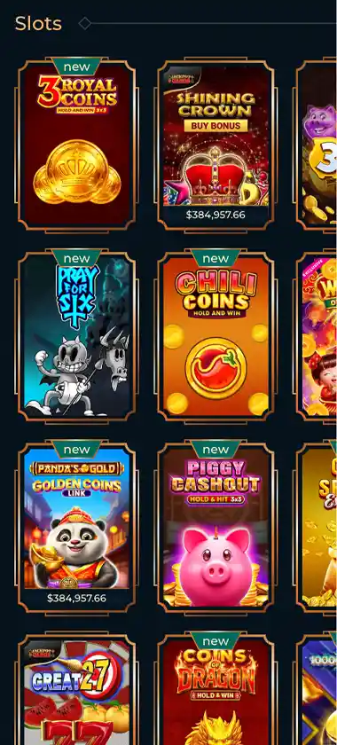 Monsterwin Casino mobile slots variety screenshot displaying featured slots, categories and touch-optimized navigation - tested