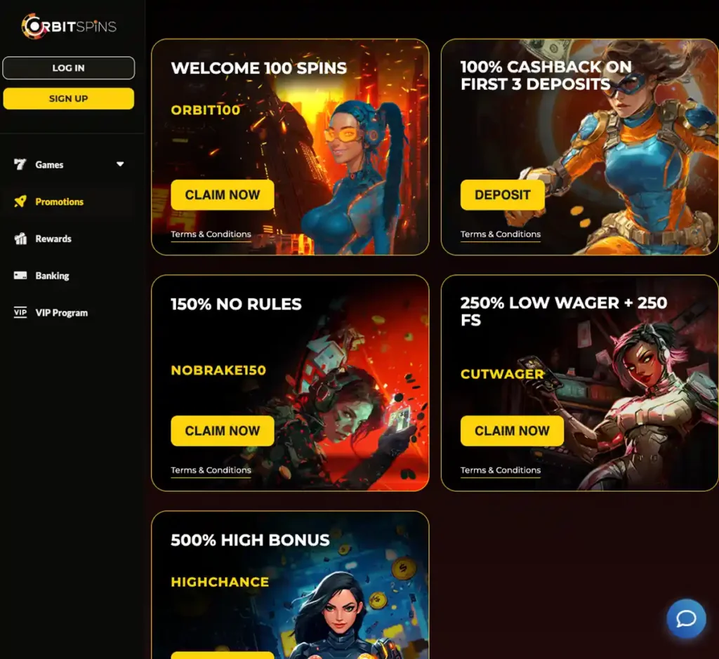 Orbitspins Casino desktop promotions screenshot showing promotional banners, bonus offers and promo details in the casino lobby - tested