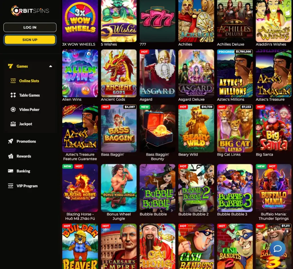 Orbitspins Casino desktop slots screenshot showing slot categories, featured titles and game providers in the casino lobby - tested