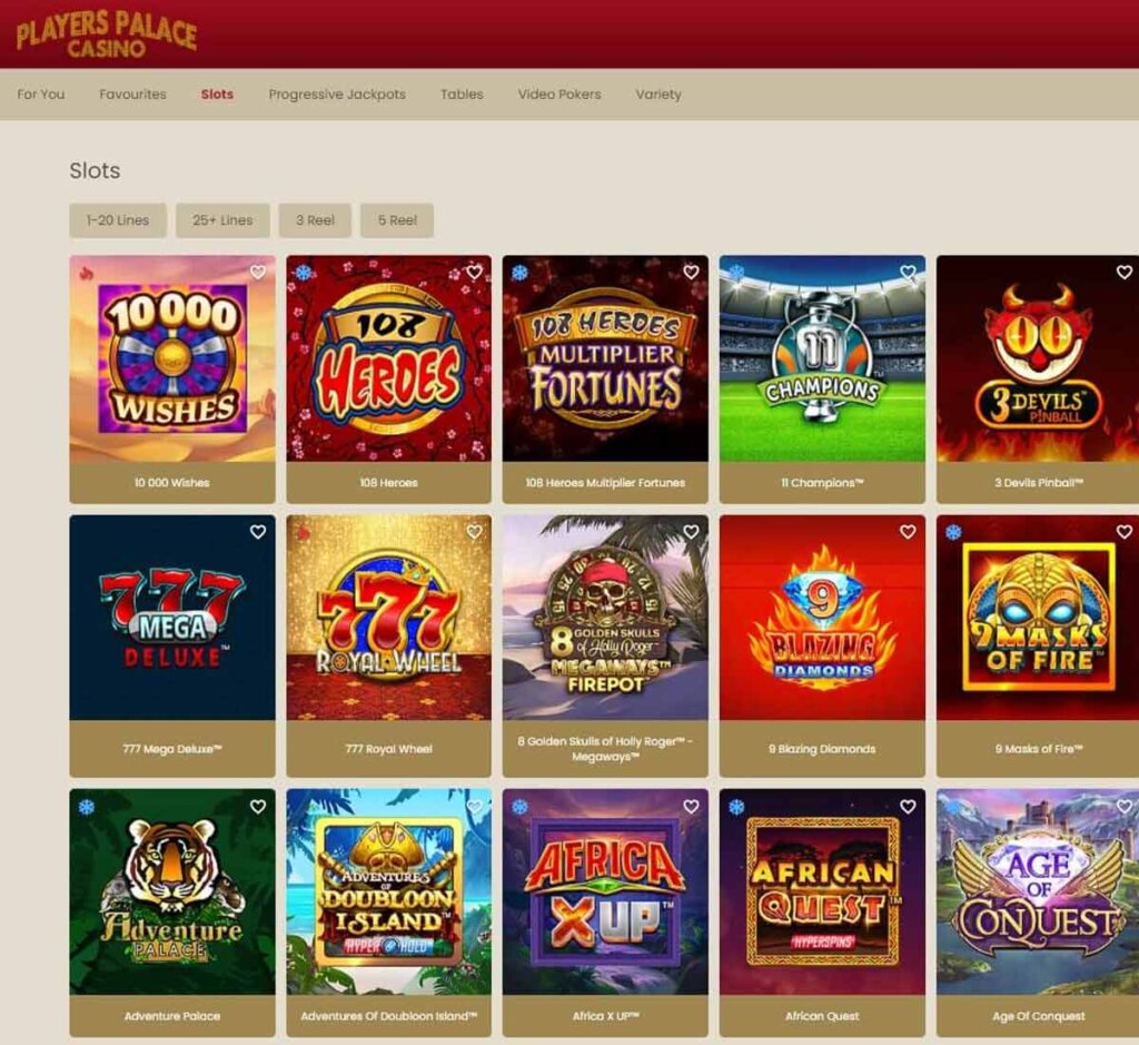 Players Palace Casino desktop slots variety screenshot showing multiple slot categories, featured games and provider filters - tested