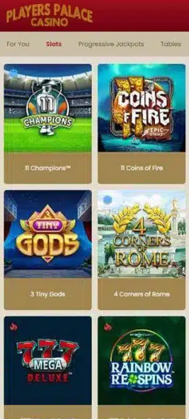 Players Palace Casino mobile slots variety screenshot displaying featured slots, categories and touch optimized navigation   tested