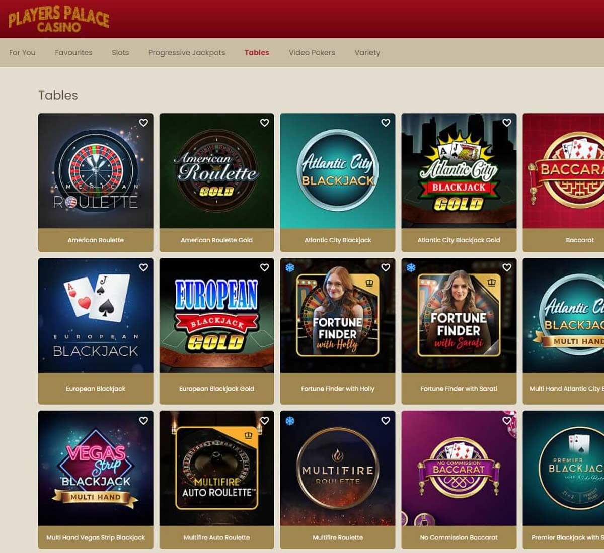 Players Palace Casino desktop table games collection screenshot showing various table games, categories and filtering options   tested