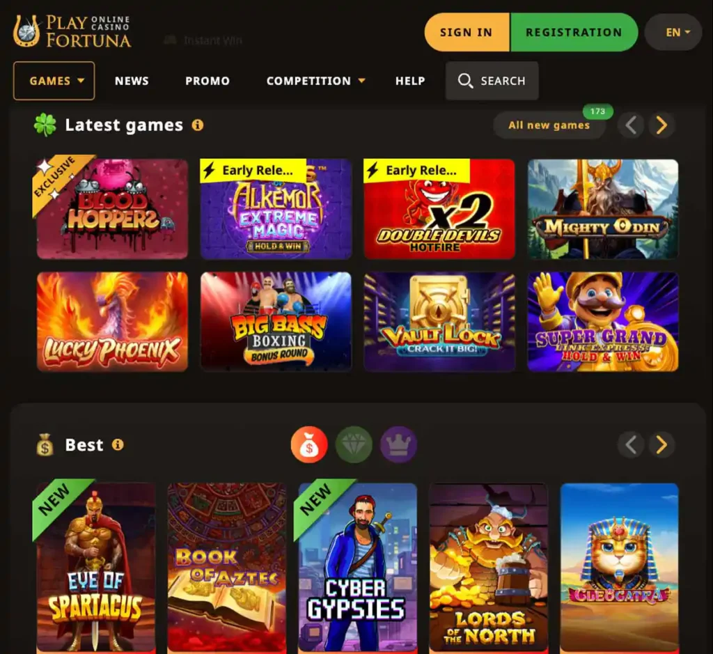 Playfortuna Casino desktop homepage screenshot showing main navigation, featured games and promotional banners - tested