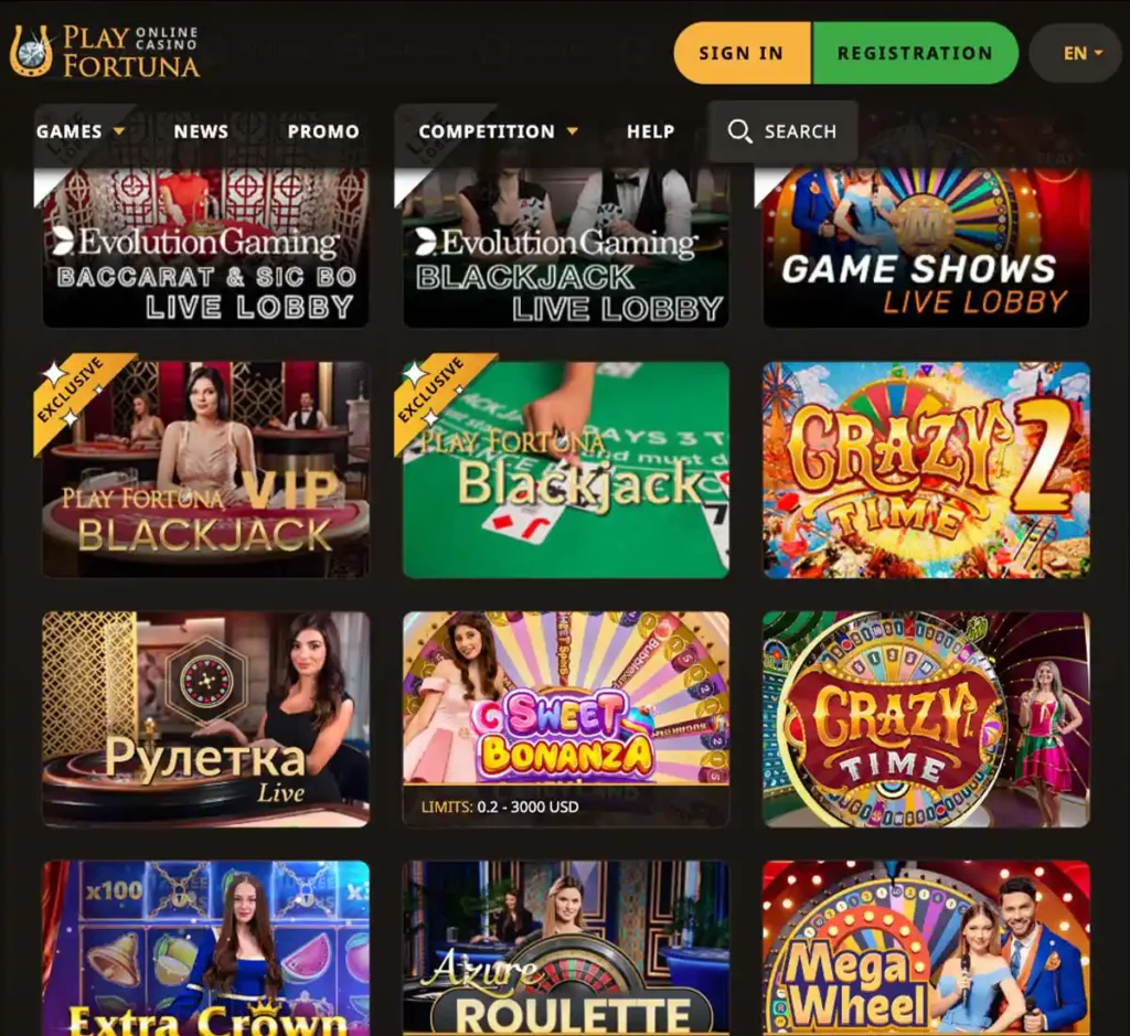 Playfortuna Casino desktop live dealer games collection screenshot showing roulette, blackjack and baccarat tables in lobby view with categories and provider filters - tested