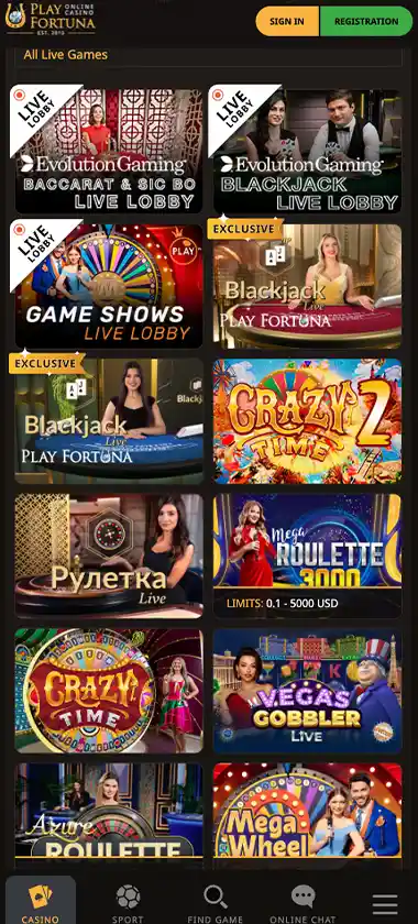 Playfortuna Casino mobile live dealer games collection screenshot displaying available live tables and categories with mobile-friendly interface/navigation - tested