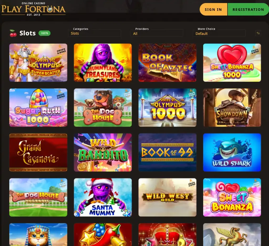 Playfortuna Casino desktop slots screenshot showing multiple slot categories, featured games and provider filters - tested