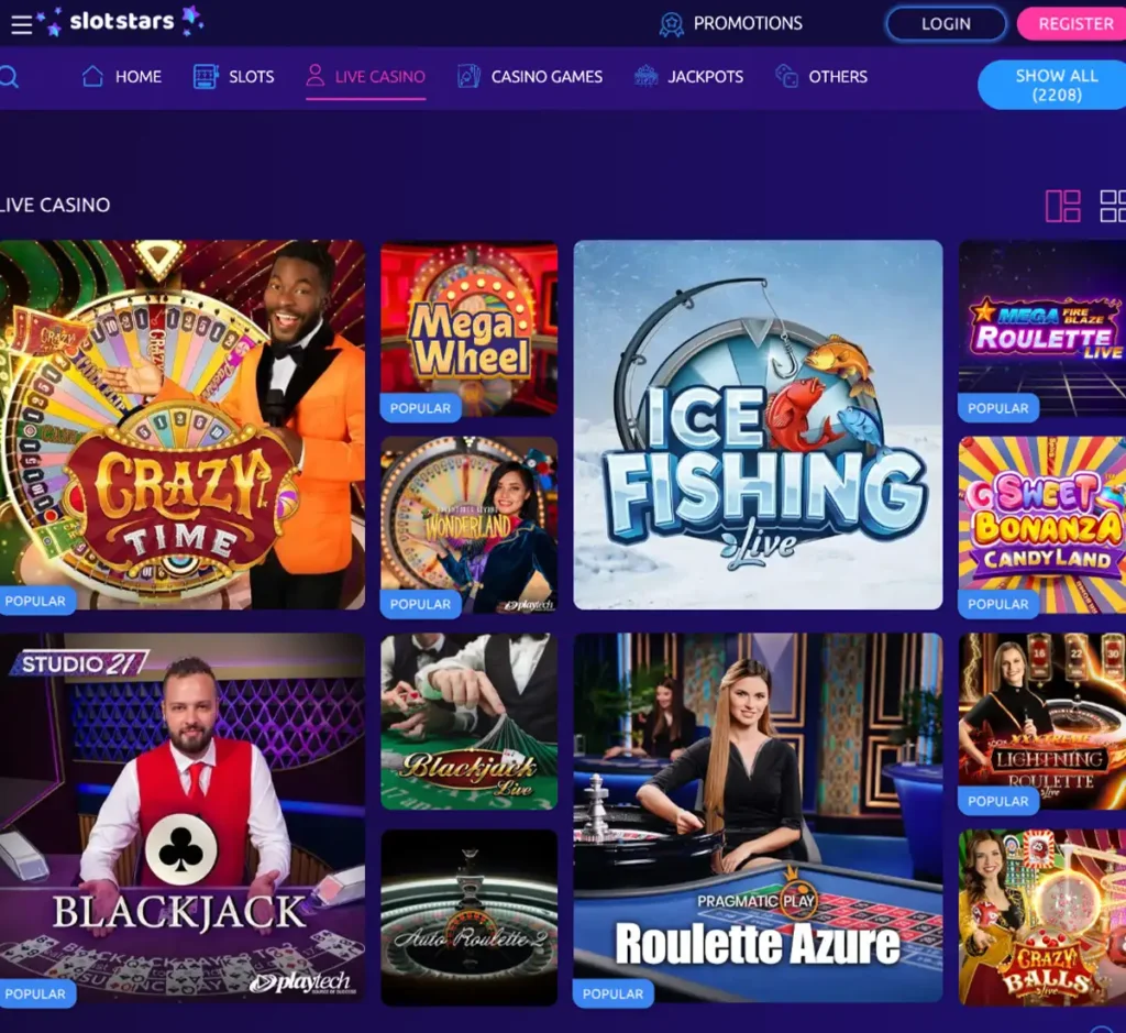 Slotstars Casino desktop live dealer games collection screenshot showing roulette, blackjack and baccarat tables in lobby view with categories and provider filters - tested